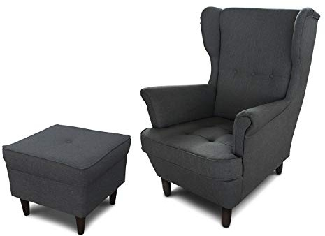 Sofnet Ohrensessel Sessel King - Lounge Sessel mit Armlehnen - Retro Stuhl aus Stoff mit Holz Füßen - Polsterstuhl für Esszimmer & Wohnzimmer (Graphit (Inari 94), mit Hocker)