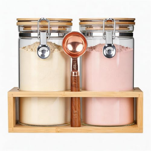 KKC Vorratsdosen aus Glas mit Löffel, Kaffeebohnen-Vorratsbehälter, luftdicht versiegelte Glasdosen aus Bambusdeckel mit Schaufel für Kaffeebohnen, gemahlenen Kaffee, braunen Zucker, Nüsse, losen Tee