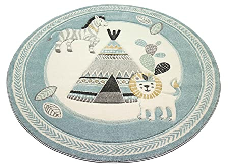 Teppich-Traum Kinderzimmer Teppich Spielteppich Indianer Zelt Löwe Zebra Kaktus blau Creme grau Größe 120 cm rund