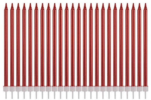Candele metalliche con scritta Happy Birthday, alte e sottili, per torte di compleanno, decorazioni per feste di nozze (24 pezzi, rosso metallizzato)