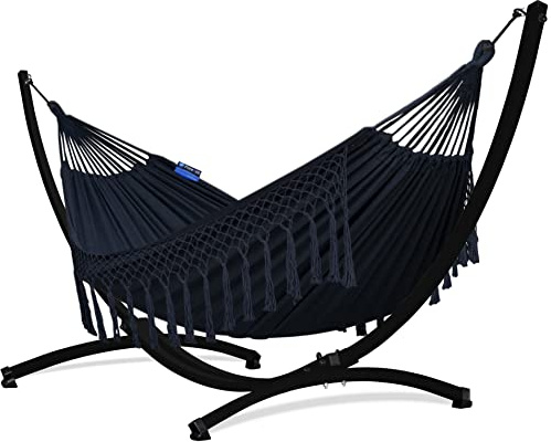 Potenza Outdoor Hängematte mit Gestell für 2 Personen I Baumwolle Doppelhängematte XXL 220x160, 200kg I Hängemattengestell 220kg, wetterfest (Santia-Schwarz, Gestell Schwarz)