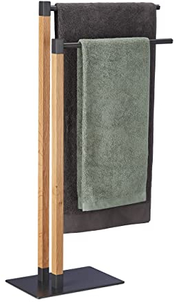 Relaxdays Handtuchhalter, freistehend, Handtuchständer mit 2 Stangen, HBT: 83,5 x 51,5 x 20 cm, eckig, anthrazit/Natur