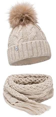 ELIMELI® Winter Mütze Damenmütze mit Fell-Bommel Fleece Innenfutter gefüttert - warme Damen Bommelmütze Strickmütze - Wintermütze mit Kunstfell Bommel - Slouch Strick Beanie Made in EU
