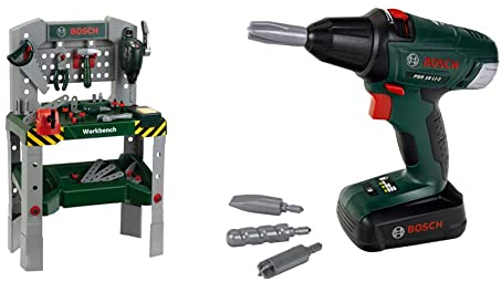 Theo Klein 8637 Bosch Werkbank 48-teilig | Arbeitsplatte mit Lernfunktion & 8567 Bosch Akkuschrauber | Mit rotierenden und auswechselbaren Aufsätzen