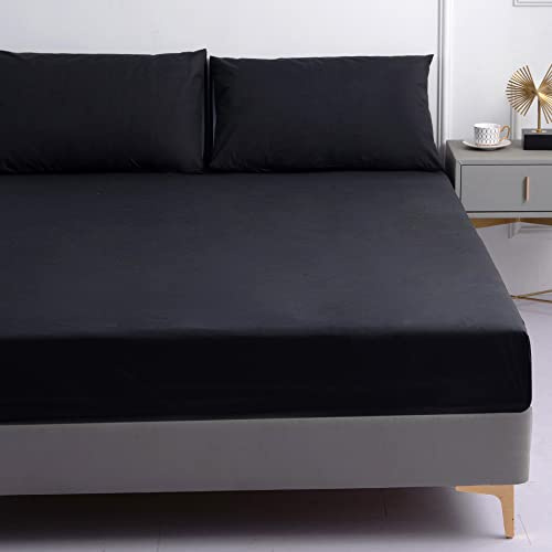 Hiseng Jersey Spannbettlaken, Unifarben Weiches Wasserdicht Spannbetttuch Leintuch bis 30cm Matratzenhöhe, Elastisches Matratzenschoner für Boxspringbett & Wasserbett (150x200x30cm,Schwarz)