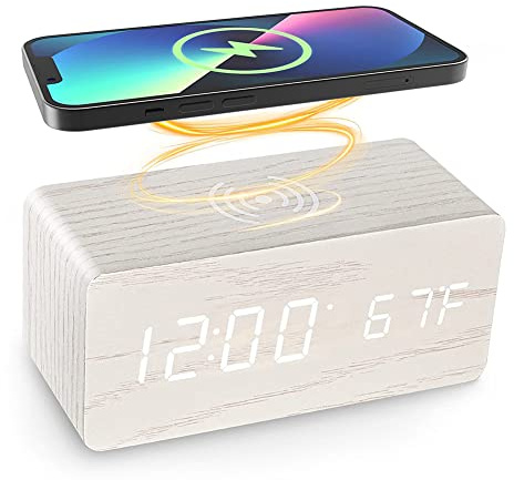 SPORTARC Bedside Wireless Charging Radio Alarm Clock with Dimmable LED Display - Non Ticking Mains Powered Dual Alarm Clock with USB Charger