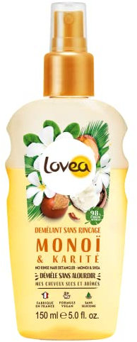 LOVEA - Démêlant Sans Rinçage - Monoï Et Karité - Démêle Sans Alourdir - Cheveux Secs & Abîmés - 98% D'Origine Naturelle - Sans Silicone - Vegan - Fabriqué En France - 150 ml