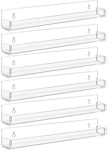 Baosia 6 Pack Clear Nail Polish Rack Wall Mounted,15 inch Invisible Acrylic Floating Bookshelf,Small Toy Storage Wall Shelf Modern Picture Ledge Vinyl Record Display Shelf Holder