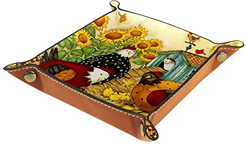 suojapuku Ledertablett,Leder Bauernhof-Sonnenblumen-Hahn-Henne Tablett,Taschenleerer Tablett für Aufbewahrungsschlüssel-Münzen-Schmuckuhr