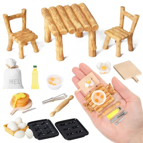 Colmanda Miniatur Wichtel Zubehör, 22 Stück Puppenhaus Zubehör, Mini Puppenhaus Küche Backen Set, Mini Wichtelhaus Tisch und Stühle, Miniatur Eier Milchbrot Mehlbeutel, Weihnachten Deko