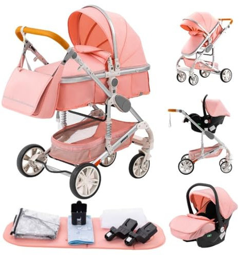 YAZOCO kinderwagen 3 in 1 Buggy Babybett Komplett Set Einem Klick Zusammenklappbarer Kinderwagen, KombiKinderwagen Aluminiumrahmen für Neugeborene Sitzzubehör (3 Rosa)