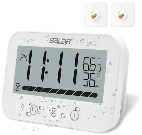 Rohome Waterproof Wall Hanging Timer Bathroom Clock, Large Digital Shower Mirror Suction Clock Thermometer Hygrometer, Visual Kitchen Cooking Countdown Timer, Bath Temperature Humidity Meter (White)