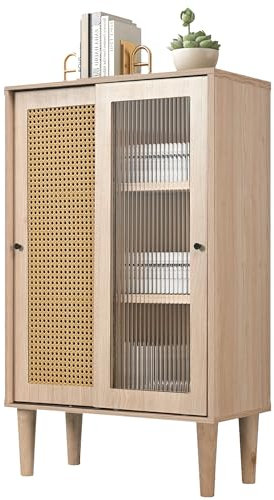 Élégant buffet haut de 100 cm en chêne avec portes coulissantes en plastique et en verre - 6 compartiments pour un rangement élégant (Oak)