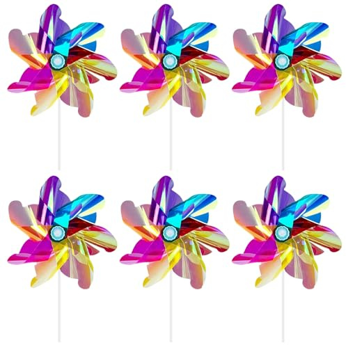 6 Pcs Rainbow Pinwheels, Colorful Reflective Bird Scarer Windmill, Lawn Garden DIY Windmill, Sparkly Wind Spinners for Outdoor Yard Garden Lawn Boys Girls Party Pinwheels Party Favor