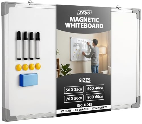 ZENO Whiteboard | Large Magnetic Whiteboard with Pen Tray | Office Board | Aluminium Trim | Includes 4 Pens, Eraser & 4 Magnets | Easy to Install | 50 x 35 cm
