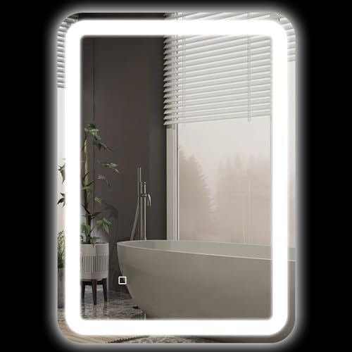 HOMCOM Miroir Salle de Bain avec éclairage LED, 50 x 70 cm, 35 W, Miroir Salle de Bain Mural, lumière réglable 3 Couleurs, Anti-buée, mémoire, Montage Horizontale ou Verticale, Argent