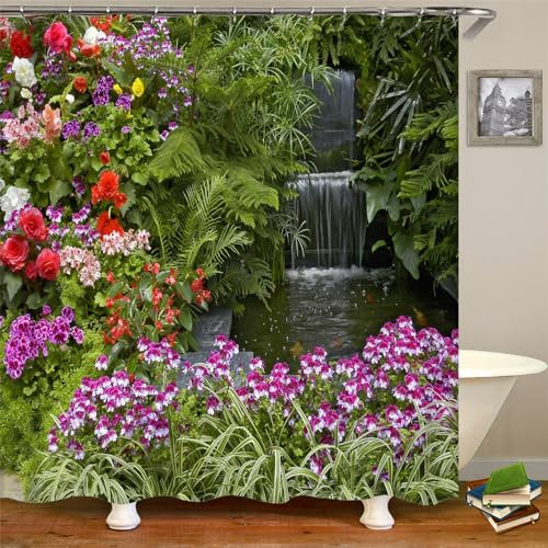 JIANGLANY Garden Shower Curtain Outdoor Green Waterproof Shower Curtains for Bathroom Quick Dry Machine Wash Dry Landscape Shower Curtain for Shower, Garage and Garden Fence (1, 180x180cm)
