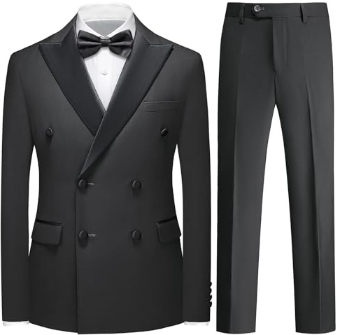 Rogers & Morris Tuxedo Suits for Men Solid 2 Piece Regular Fit Formal Set Peak Lapels Double Breasted Jacket and Pants Black M