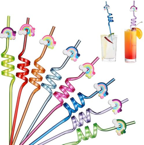 8 Stück Bunte Strohhalme Wiederverwendbar, Party Spiral Strohhalmes, Strohhalme Kinder, Plastikstrohhalme, Strohhalm Plastik, für Milch, Saft, Cocktails, Kinder Regenbogenwolke Strohhalmes