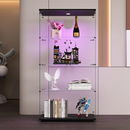 LED Glasvitrine Sammlervitrine Glasvitrine Sammlervitrine Glasvitrine mit Schloss und 2 Türen, 4 Etagen Standvitrine für Sammlerstücke, Bücher, Modelle (Schwarz)