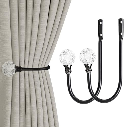 2 Stück robuste U-förmige Metall-Vorhanghalter Vorhang-Raffhalter Haken mit transparenter Kristallkugel-Raffhaltern für Vorhänge (2, Schwarz)