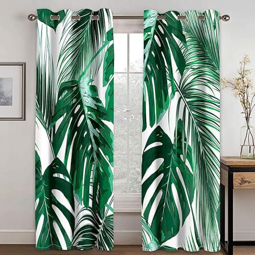 Rptidmv Vorhänge mit Ösen 2er Set Monstera-Blätter Modern Blickdichte Vorhang Thermovorhang Kälteschutz Verdunklungsvorhänge für Wohnzimmer Schlafzimmer Kinderzimmer 140 x 175 cm (BxH)