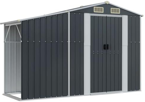 KOIECETA Gerätehaus Gartenhaus mit Schrägdach Griffe Gartenschuppen Schuppen mit Stauraum Geräteschuppen Metallschuppen Anthrazit 277x93x179 cm Verzinkter Stahl