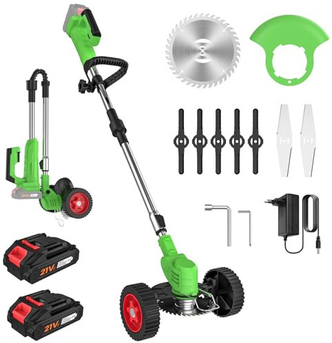 Desbrozadora Bateria 21V, Desbrozadora Electrica con 2 Baterías y 3 Cuchillas, Ruedas Desmontables, Altura Ajustable, Cortacésped de Batería Plegable para Recortar Césped y Arbustos