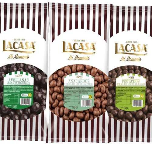 Lacasa Pack 3kg de bolas: Anacardo leche,Avellana con chocolate Negro,Pistachos con chocolate Leche