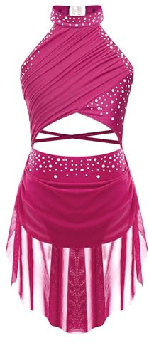 Zaldita Niñas Ballet Vestido de baile lírico Halter Rhinestone Patinaje Artístico Vestidos Glitter Leotardo Competencia, Rosa intenso., 146-152