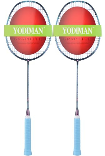 YODIMAN 2er-Set Ultraleichte Badmintonschläger (74g) – Rahmenmaterial & Schaftmaterial aus Graphit – Hochflexibel, Bespannung bis 28lbs – Für Training und Wettkampf (Indigo)