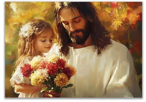 DMZPKZB Christus Gott Leinwand Gemälde, Mädchen und Blumen Jesus Christus Wandkunst,Jesus Bild,Religiöses Dekor für Kirche Büro Wohnzimmer Inspiration - 80x120cm Gerahmt(braun)