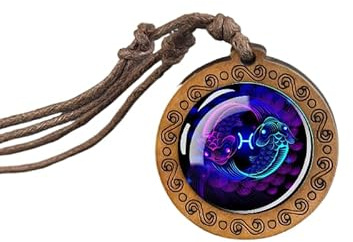 UBBVPKY Sternbild-Halskette Für Frauen Rund Aus Holz Sternzeichen-Anhänger Halsketten Astrologie Horoskop Sternbild-Schmuck Geschenk Für Frauen Und Männer Geburtstag Fische