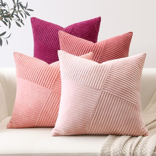 Sungeek Lot de 4 Housse de Coussin 40x40 cm en Velours Côtelé, Housse Coussins Bohème Patchwork à Rayures Pinwheel Doux Taies d'oreiller Décoratives pour Lit Canapé Chambre Salon, Rose