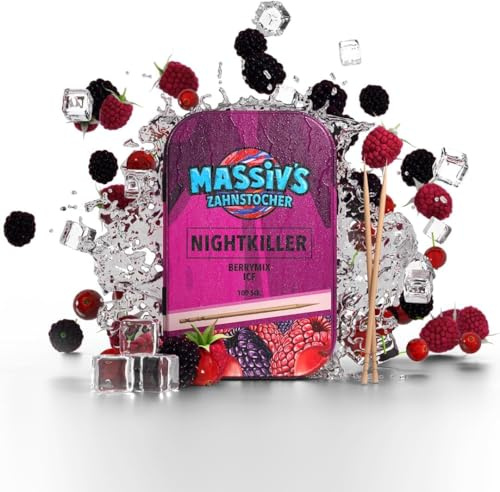 Massiv’s Zahnstocher - Palillos con Sabor - NIGHTKILLER Berrymix Ice - 100 Palillos con Sabor - Aliento Fresco - Caja metálica estilizada - Sin azúcar - higiene bucal - contra morderse Las uñas | 100 palillos de dientes aromatizados – aliento fresco – elegante lata de metal – vegano, sin azúcar, sin calorías