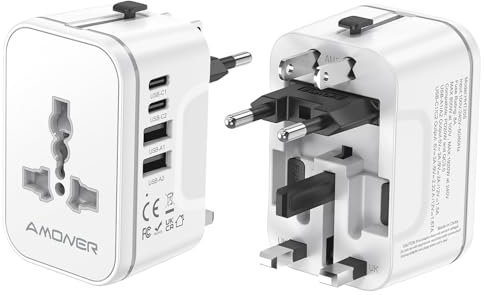 Amoner Adattatore universale da viaggio internazionale - 5 in1 Travel Adapter internazionale con 2 USB 2 Tipo C e 1 AC universale Francia a Regno Unito Germania Italia Giappone USA Australia