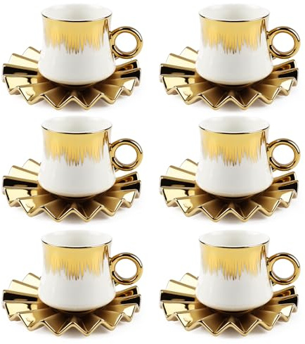 Kytree Juego de 6 tazas de café turco de cerámica de 3.5 onzas, tazas y platillos de porcelana para capuchino italiano británico con ribete dorado para doble espresso, capuchino, latte y moca (blanco)