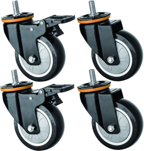 75mm 3inch Gewinde M12 Heavy Duty Räder Drehgelenk Mit Bremse Für Möbel Und Babybett Silent Pu 420kg Industrie Für Trolley Werkbank Bürostuhl Krankenhausfabrik, Black, M12 2brake+2swivel