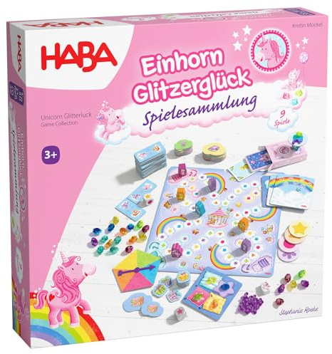 HABA Unicorno Glitter Felice – Collezione di Giochi dai 3 Anni in su, con 9 Diversi Giochi di Dadi, Carte e da Tavolo per 2-4 Bambini, spiegati Semplicemente – 2012231001