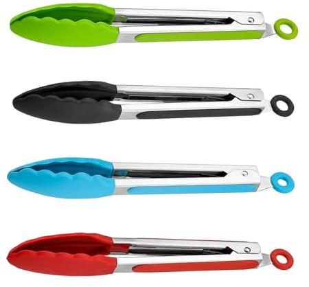 DOETYD 4 PCS 7'' Stainless Steel Kitchen Tongs with Non-Slip Grip and Locking Clip, Durable Cooking Tongs for Serving Grilling Salad BBQ and Everyday Meal Preparation