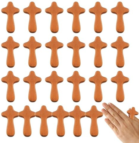 BommFu Handkreuz | 24 Stück Handkreuz Und Handschmeichler | Kleines Holzkreuz Zum Beten | Auch Als Sterbekreuz Handgefertigt - Um In Ihre Hand Zu Passen, Schöne Maserung