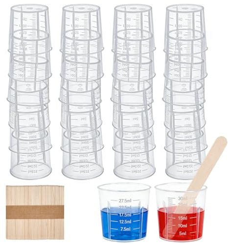 LANSKYLAN 60 Stück Mischbecher 30ml Farbmischbecher mit Skala Mini Messbecher Transparent aus PP mit 50 Rührstäbe aus Holz Kleine Messbecher für Epoxidharz Einweg für Acrylfarbe Backen Küche