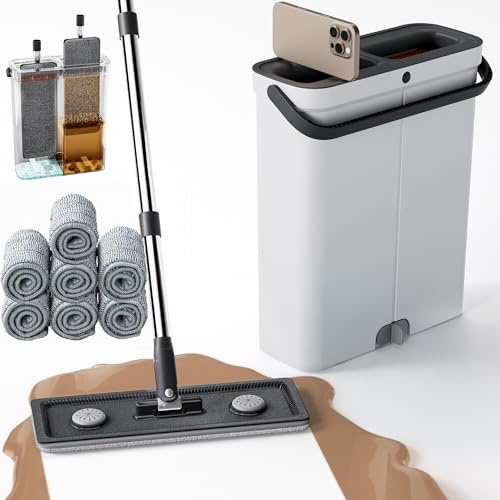 Serpillère compacte avec seau – Balai plat mains libres pour nettoyage humide et sec | Idéal pour appartement, maison, camping-car, fenêtres et murs | Comprend 7 tampons en microfibre lavables