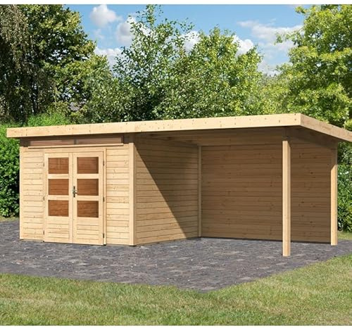 Karibu Kandern 6 | Abri de Jardin Bois Massif 7,50m² avec Appentis 320cm et Paroi Arrière | Épicéa Nordique Naturel, Toit Plat, Double Porte Vitrée, Lucarne
