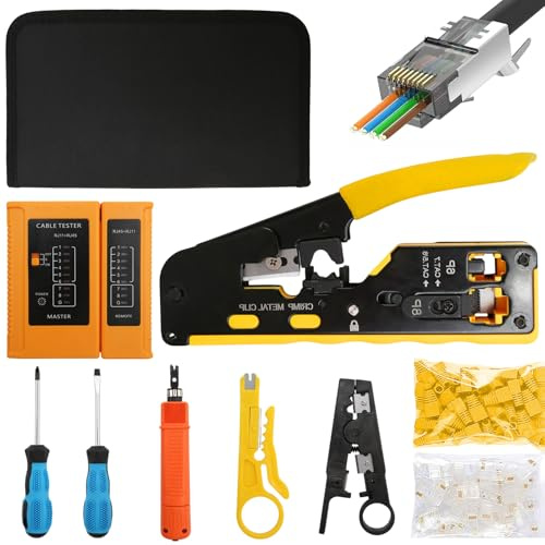 Herramienta Crimpado RJ45 Kit, Alicates de Crimpado Profesionales RJ45/RJ11 con 20x Conectores RJ45 CAT5/CAT5e/CAT6/CAT6A/CAT7, Comprobador de Redes, Alicates Pelacables para Redes UTP/STP