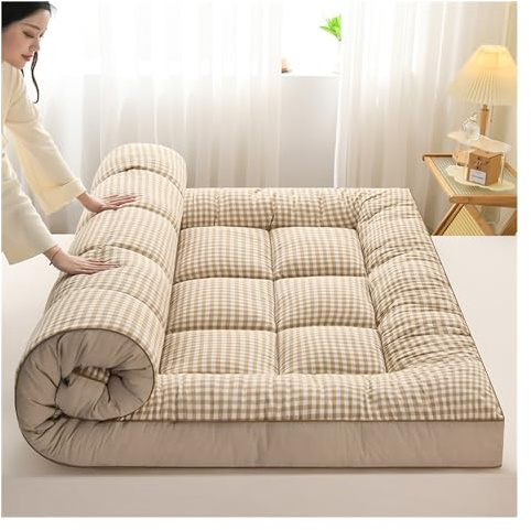 Materasso futon giapponese portatile, morbido, arrotolabile, per pavimento, letto per gli ospiti e divano, materasso pieghevole, per letti matrimoniali e singoli (griglia piccola caffè, 90 x 200 cm)