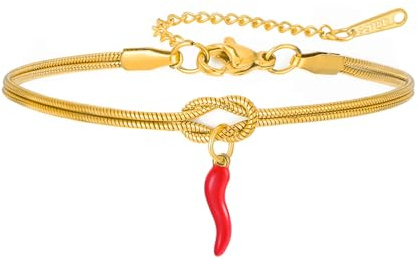 Amaxer Love Knot - Braccialetto portafortuna da donna in corno italiano con peperoncino rosso e cornicello amuleto portafortuna a doppia catena serpente nodo d'amore celtico regolabile in acciaio