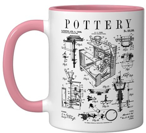 Pottery Lover Ceramic Artist Potter's Wheel Vintage Patent Ceramic Mug, Pink/White