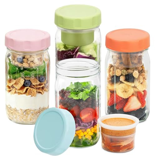 Wieerda Glass Salad Jars with Lids, 32 oz Salad Container with 2 Built-In Compartments, Yogurt Pots for Dry-Wet Separation, Breakfast Pots for Yogurt Cereal Fruit, Glass Mason Jars for Salad (4 Pcs)