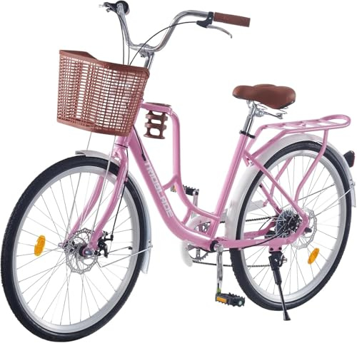 LSLIFE Damen Fahrrad mit Korb 24/26in 7 Geschwindigkeit Stadt Fahrrad Frauen Mädchen Komfort Fahrrad Leichter Rahmen Hybrid ScheibenbremsenLeichtes Pendlerrad Retro Fahrrad Urban Bike (26 Zoll rosa)